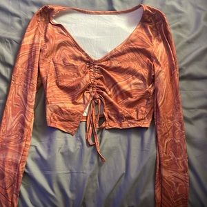 shein. long sleeve crop top with ruffle tie in middle